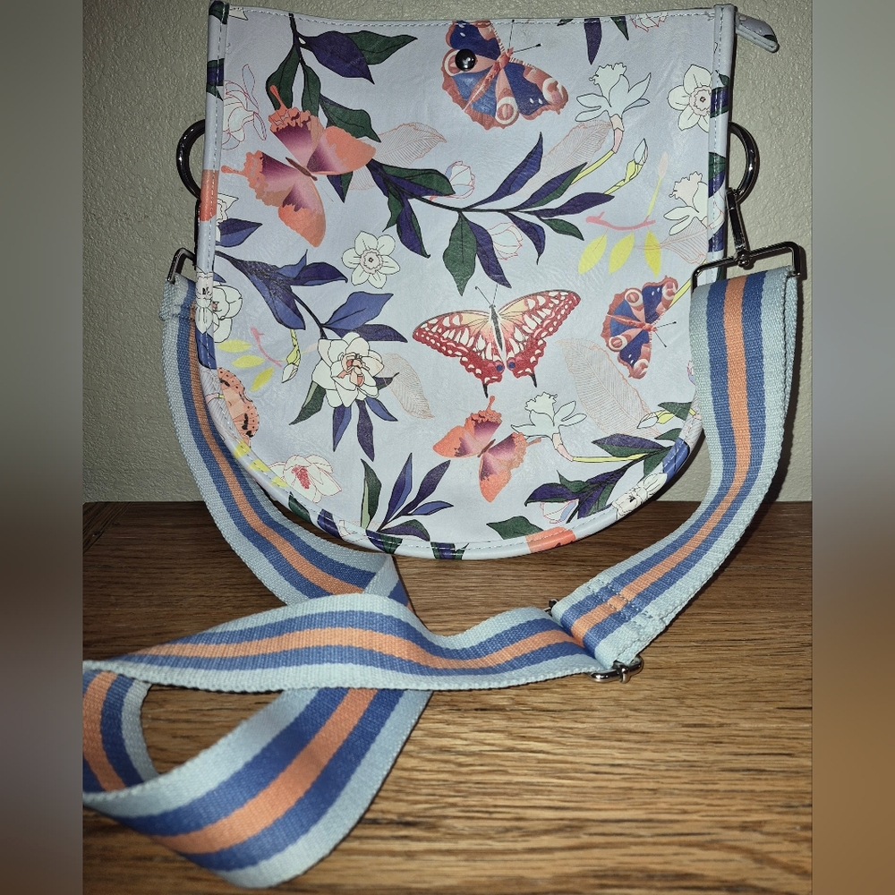 Anthropology Ahdormed U-Shaped Purse Butterfly Floral Messenger Crossbody Bag - Picture 2 of 7